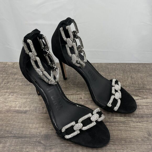 Gianni Bini Size 6.5 Leather Vivvia Rhinestone Jewel Chain Heels Open Toe Black - Picture 1 of 7